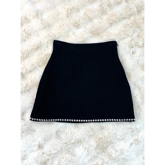 Miu Miu Black Wool Mini Skirt With Silver Studded Hem Size 40 Made In Italy